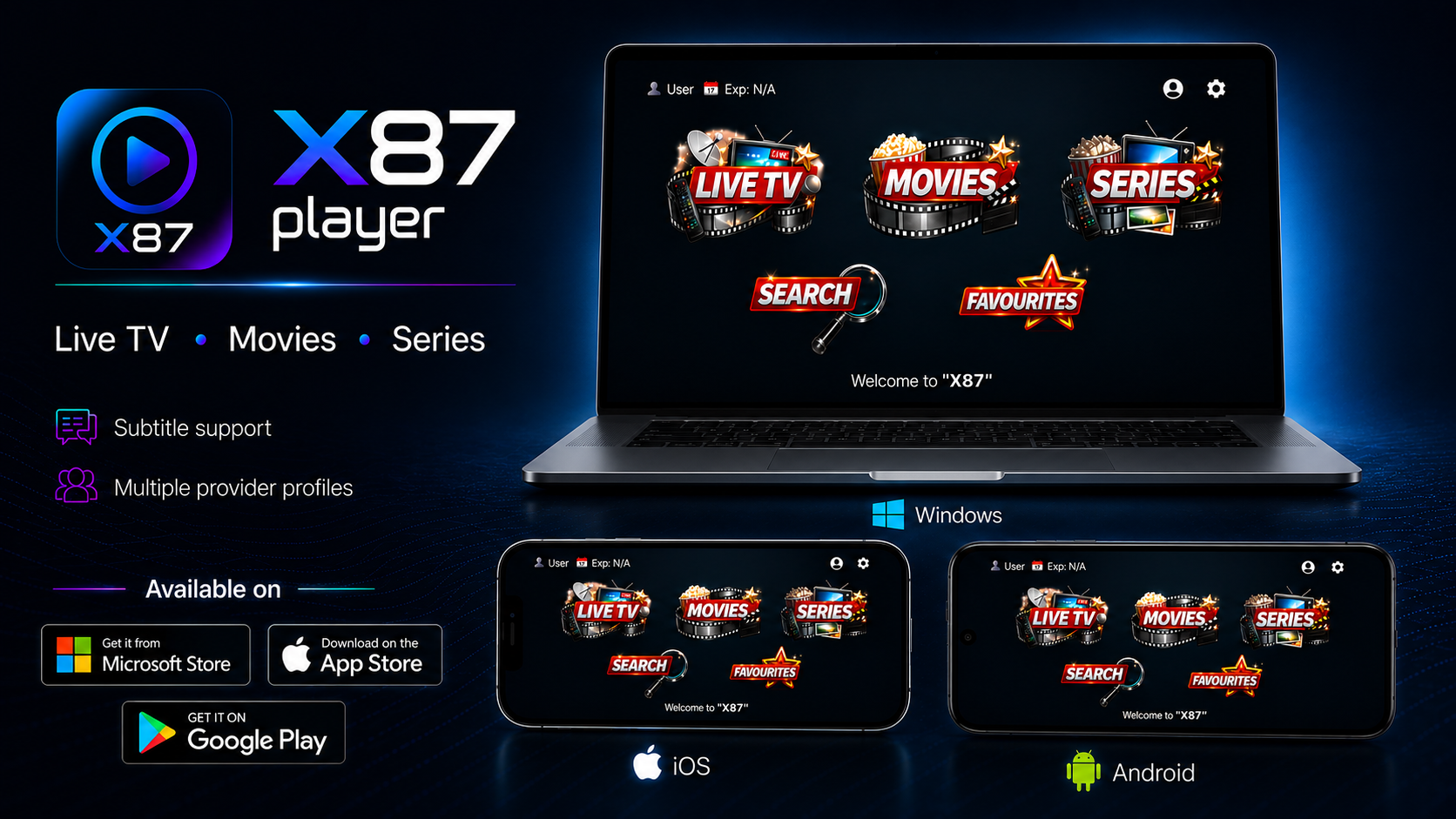 X87 Player feature preview on Windows, iOS, and Android